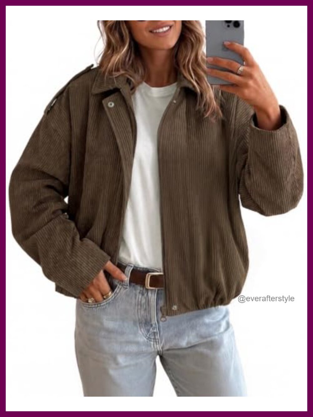 Cropped Corduroy Bomber Jacket Zip Up Collared Long Sleeve Casual